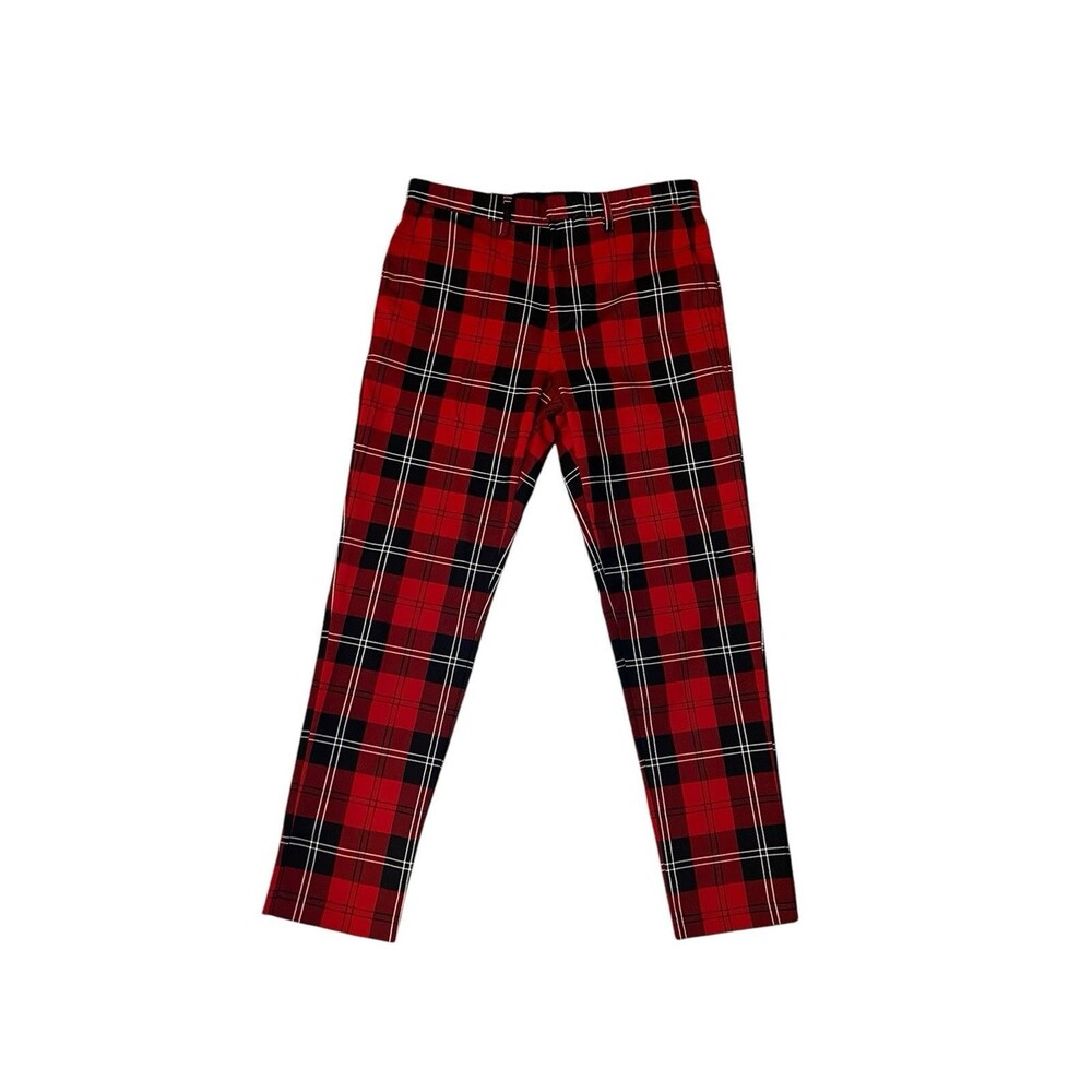 Zara Plaid Pants Sz 31 Straight Leg Punk Grunge Preppy Black Red Tartan Academia